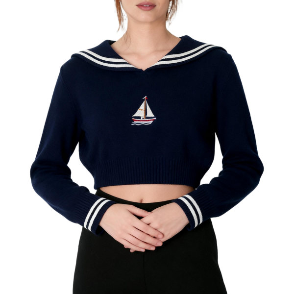Navy Sailor Collar Sailboat Embroidery Crop Sweater