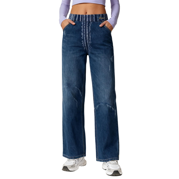 Dark Blue Distressed Wide-Leg Jeans With Textured Waistband