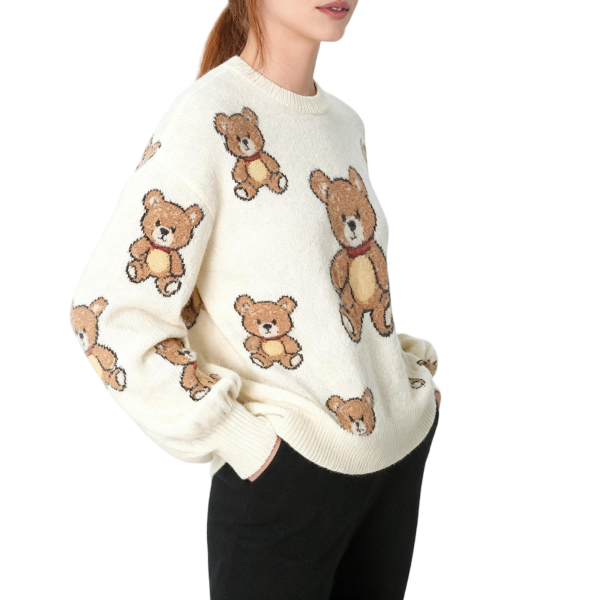 Cream Teddy Bear Print Oversized Sweater