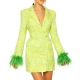 Lime Green Floral Blazer Dress With Feather Cuffs