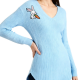 Light Blue Ribbed V-Neck Sweater With Bunny & Carrot Embroidery