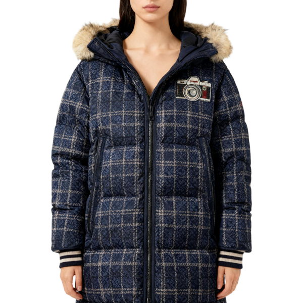 Navy Plaid Hooded Puffer Jacket With Camera Patch