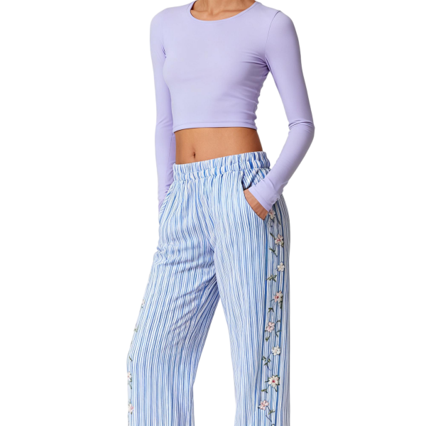 Light Blue Striped Wide-Leg Pants With Floral Embroidery