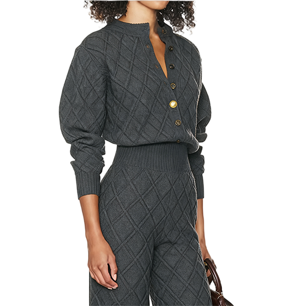 Gray Argyle Knit Cardigan & Pants Set