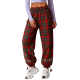 Red & Green Plaid Smocked-Cuff Pants With Floral Embroidery