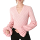 Pink Argyle Knit Sweater With Flared Puff Sleeves