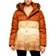 Terracotta & Beige Color-Block Hooded Puffer Jacket