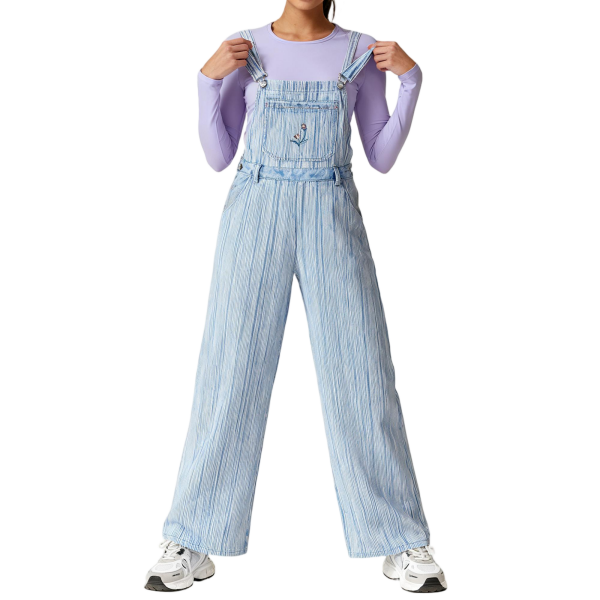 Light Blue Striped Denim Overalls With Anchor Embroidery